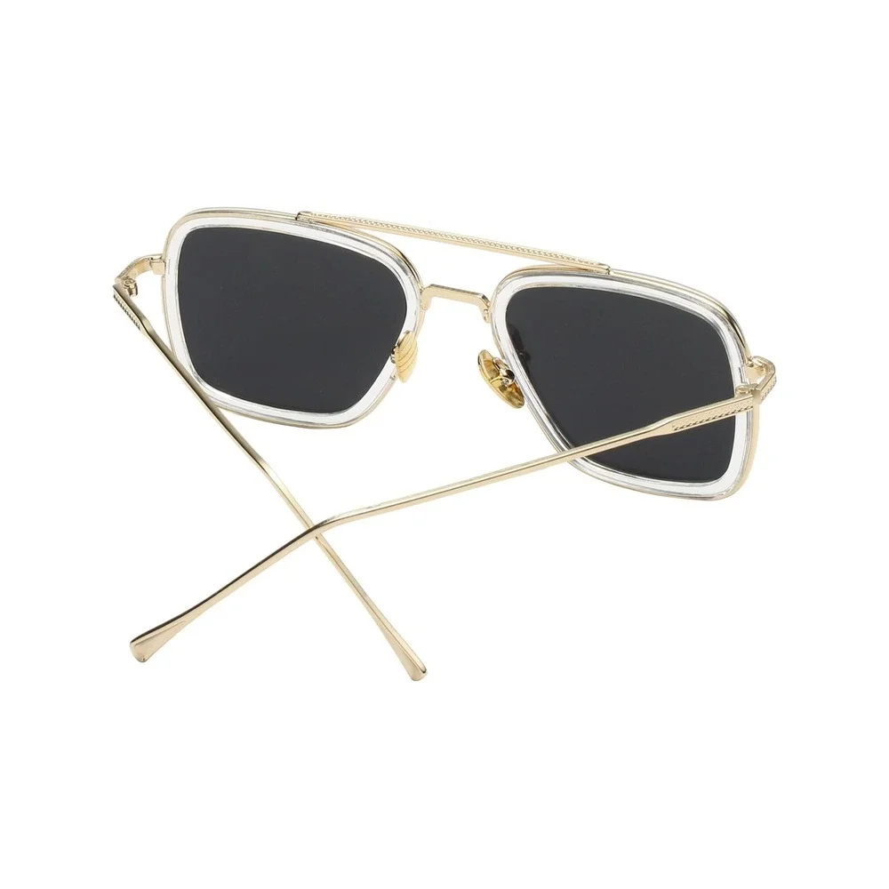 Mens Square Sunglasses Gold Clear Frame Silver Mirror Lens Fashion Design Classy